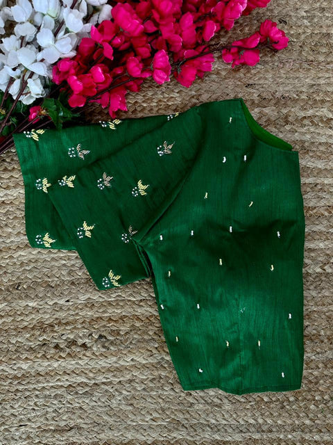 Green Pearl-Embellished german silk Blouse with Handcrafted Golden Work ClothsVilla Main image
