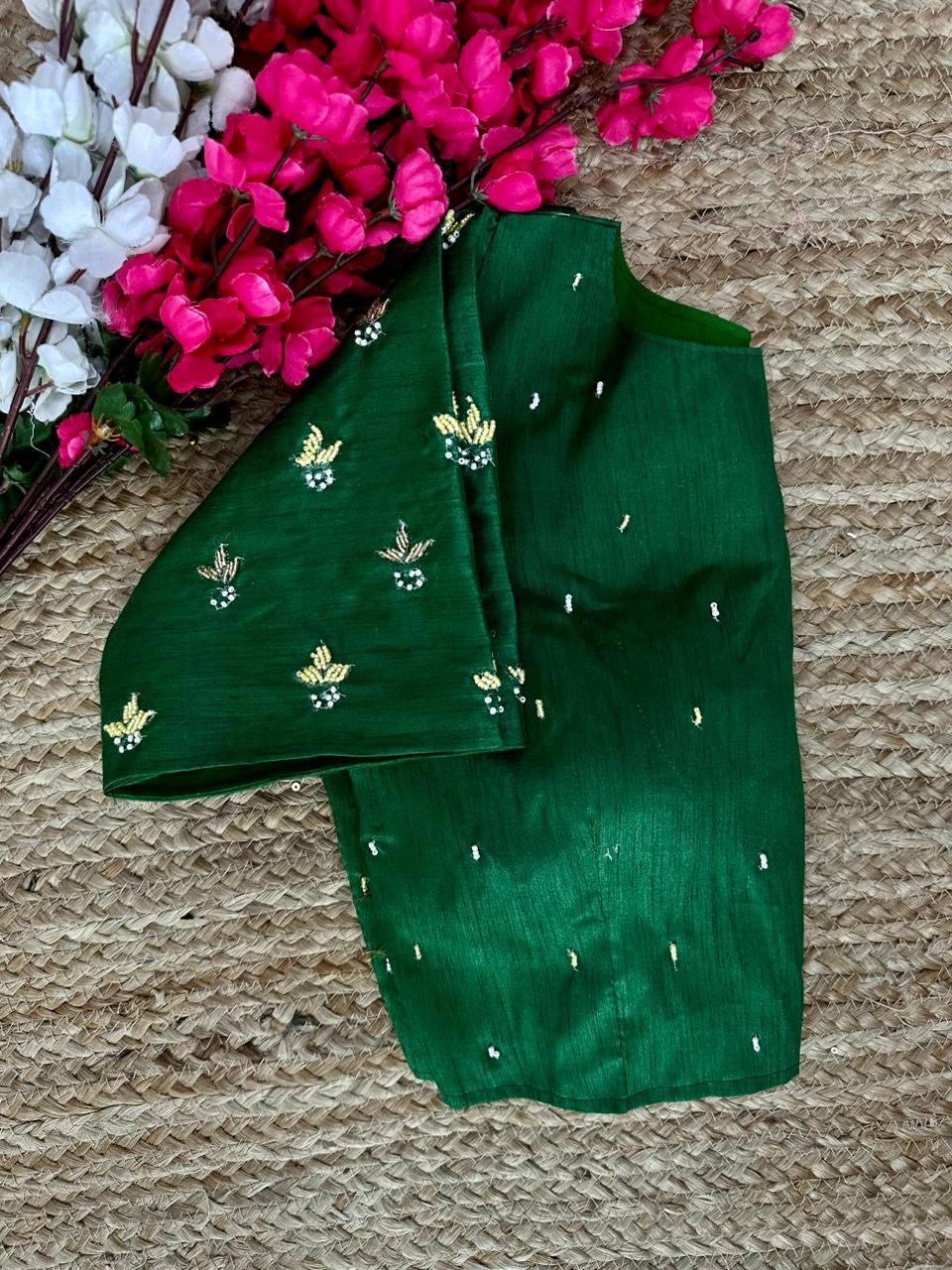 Green Pearl-Embellished german silk Blouse with Handcrafted Golden Work Secondary image