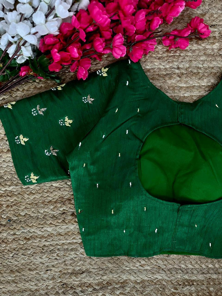 Green Pearl-Embellished german silk Blouse with Handcrafted Golden Work ClothsVilla