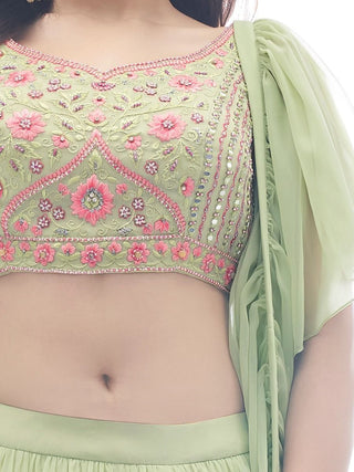Green Plain Ruffle / Frill Georgette Partywear Lehenga with Frill / Ruffle Dupatta - Embroidery Work Clothsvilla