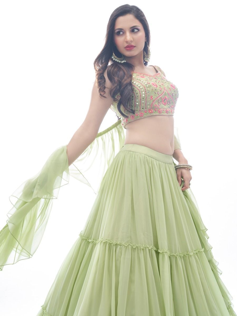 Green Plain Ruffle / Frill Georgette Partywear Lehenga with Frill / Ruffle Dupatta - Embroidery Work Clothsvilla
