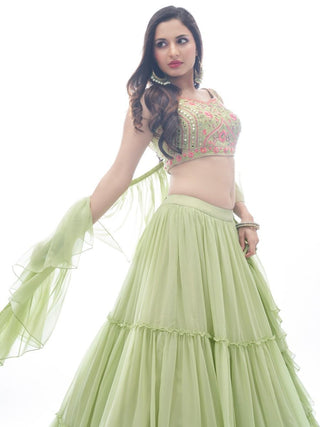 Green Plain Ruffle / Frill Georgette Partywear Lehenga with Frill / Ruffle Dupatta - Embroidery Work Clothsvilla