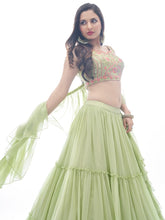 Load image into Gallery viewer, Green Plain Ruffle / Frill Georgette Partywear Lehenga with Frill / Ruffle Dupatta - Embroidery Work Clothsvilla