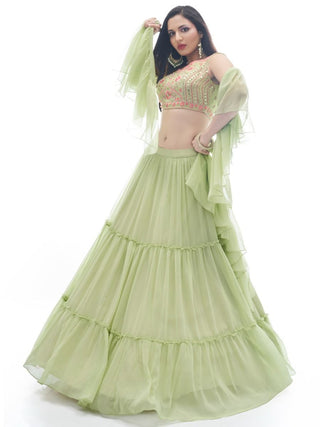 Green Plain Ruffle / Frill Georgette Partywear Lehenga with Frill / Ruffle Dupatta - Embroidery Work Clothsvilla