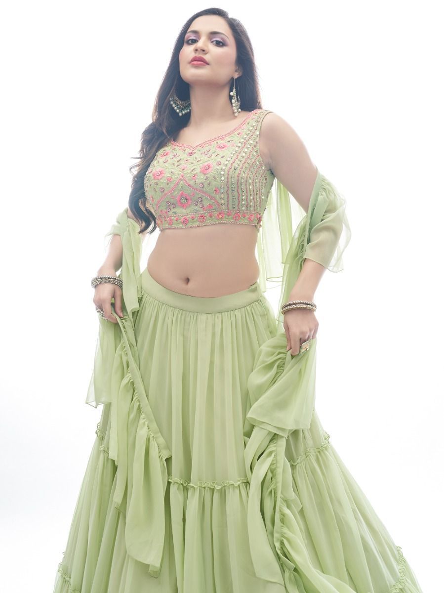Green Plain Ruffle / Frill Georgette Partywear Lehenga with Frill / Ruffle Dupatta - Embroidery Work Clothsvilla