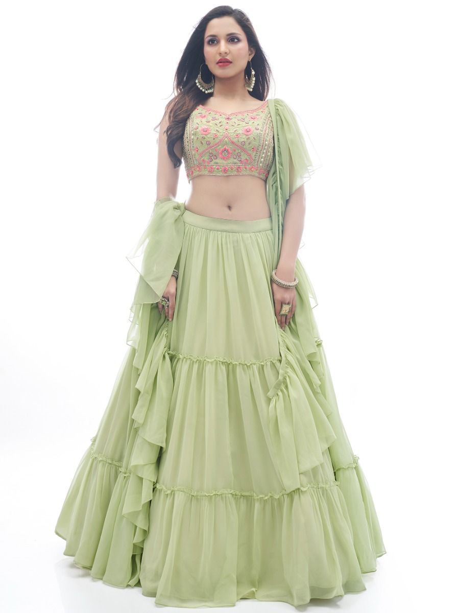 Green Plain Ruffle / Frill Georgette Partywear Lehenga with Frill / Ruffle Dupatta - Embroidery Work Clothsvilla