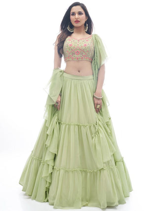 Green Plain Ruffle / Frill Georgette Partywear Lehenga with Frill / Ruffle Dupatta - Embroidery Work Clothsvilla