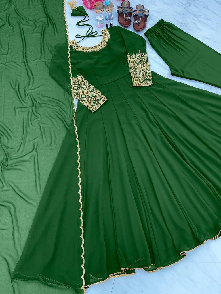 Green Premium Designer Party Wear Anarkali Gown, Dupatta & Bottom Set Clothsvilla