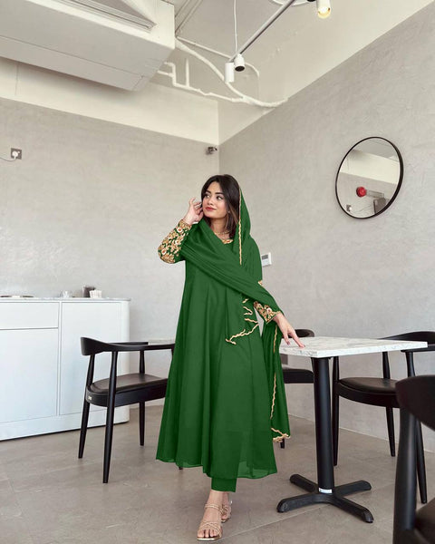 Green Premium Designer Party Wear Anarkali Gown, Dupatta & Bottom Set Clothsvilla Main image