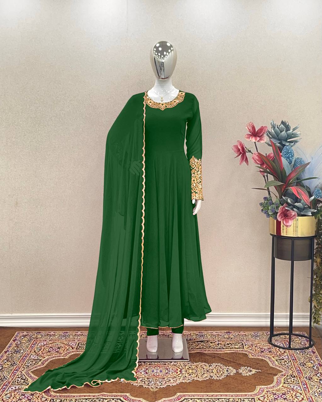 Green Premium Designer Party Wear Anarkali Gown, Dupatta & Bottom Set Clothsvilla