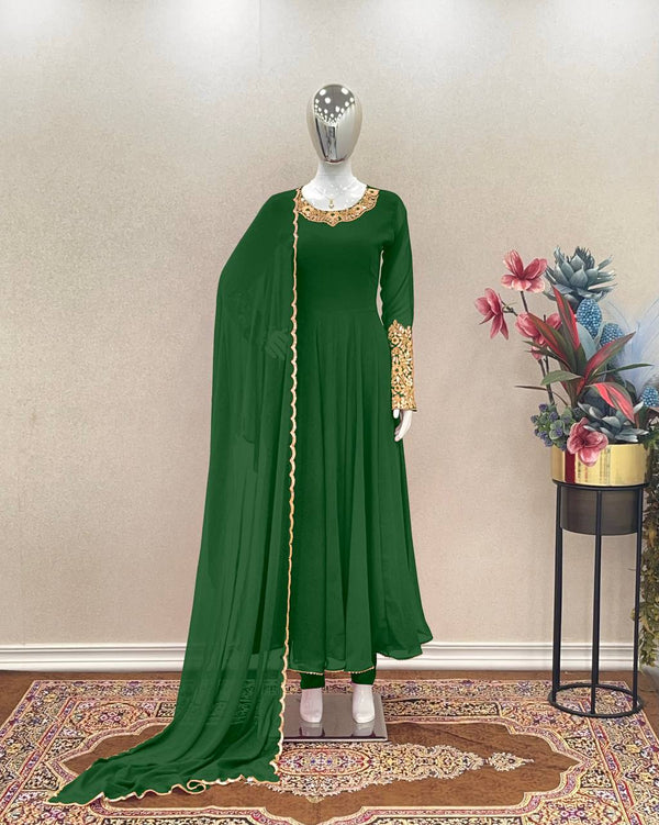 Green Premium Designer Party Wear Anarkali Gown, Dupatta & Bottom Set Clothsvilla