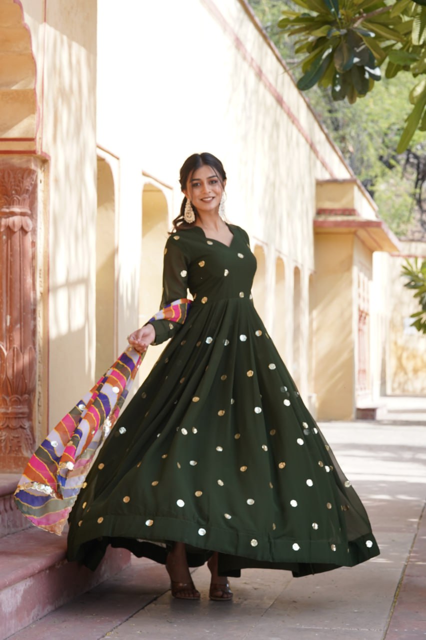 Green Premium Designer Readymade Gown with Embroidered Zari & Sequins ClothsVilla