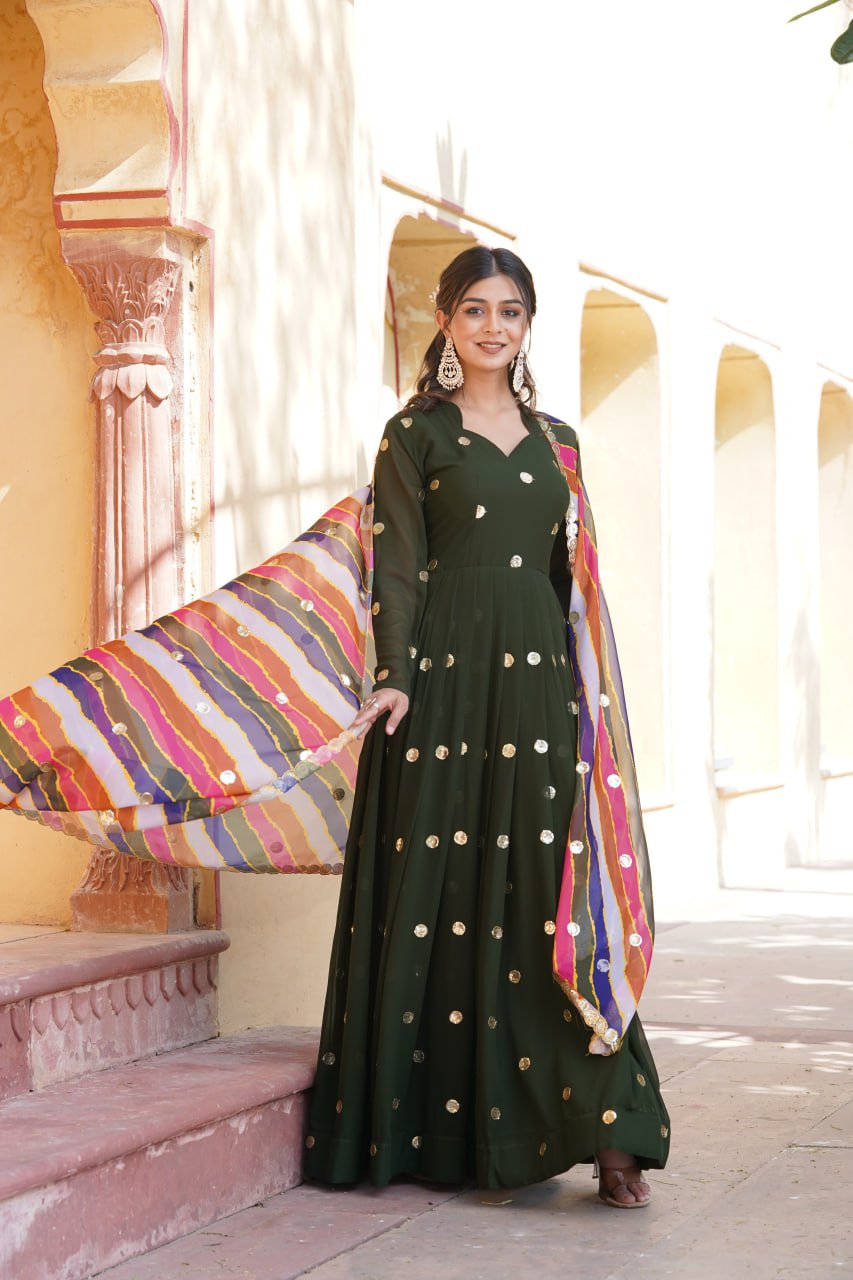 Green Premium Designer Readymade Gown with Embroidered Zari & Sequins Secondary image