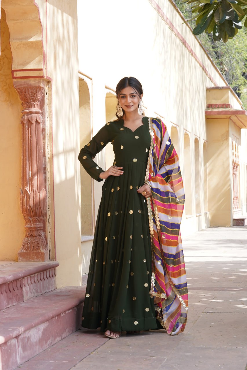Green Premium Designer Readymade Gown with Embroidered Zari & Sequins ClothsVilla Main image