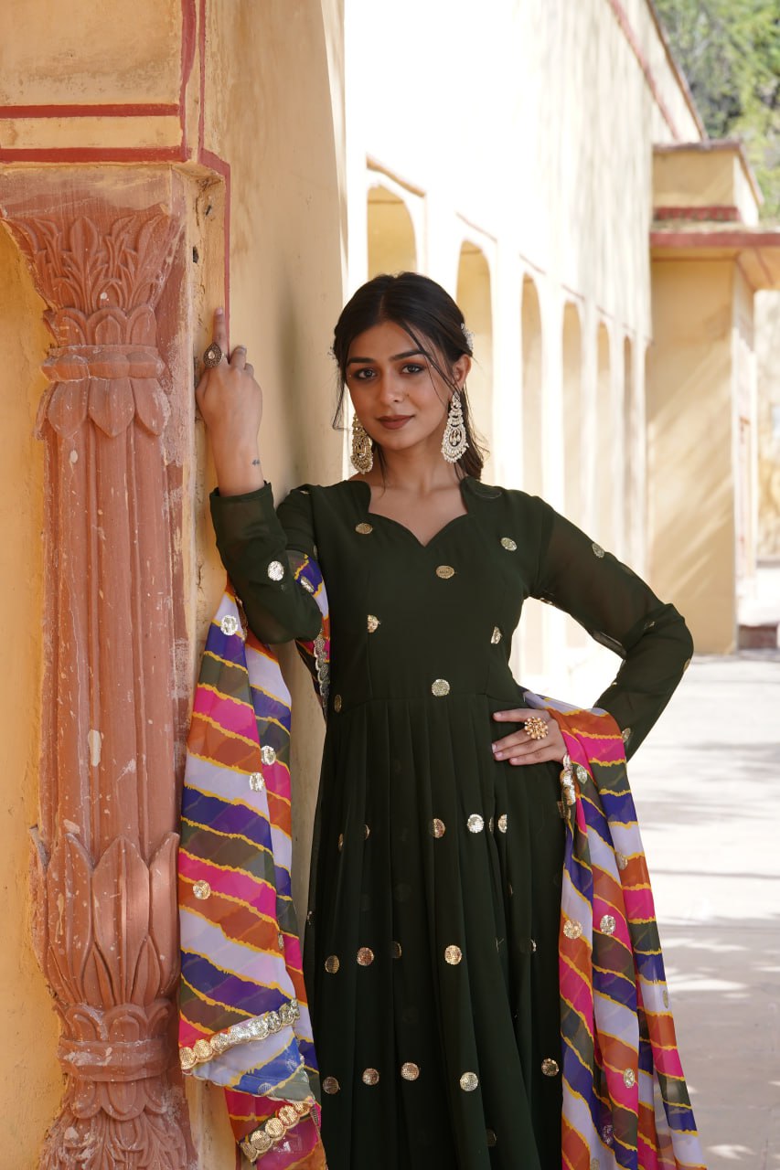 Green Premium Designer Readymade Gown with Embroidered Zari & Sequins ClothsVilla