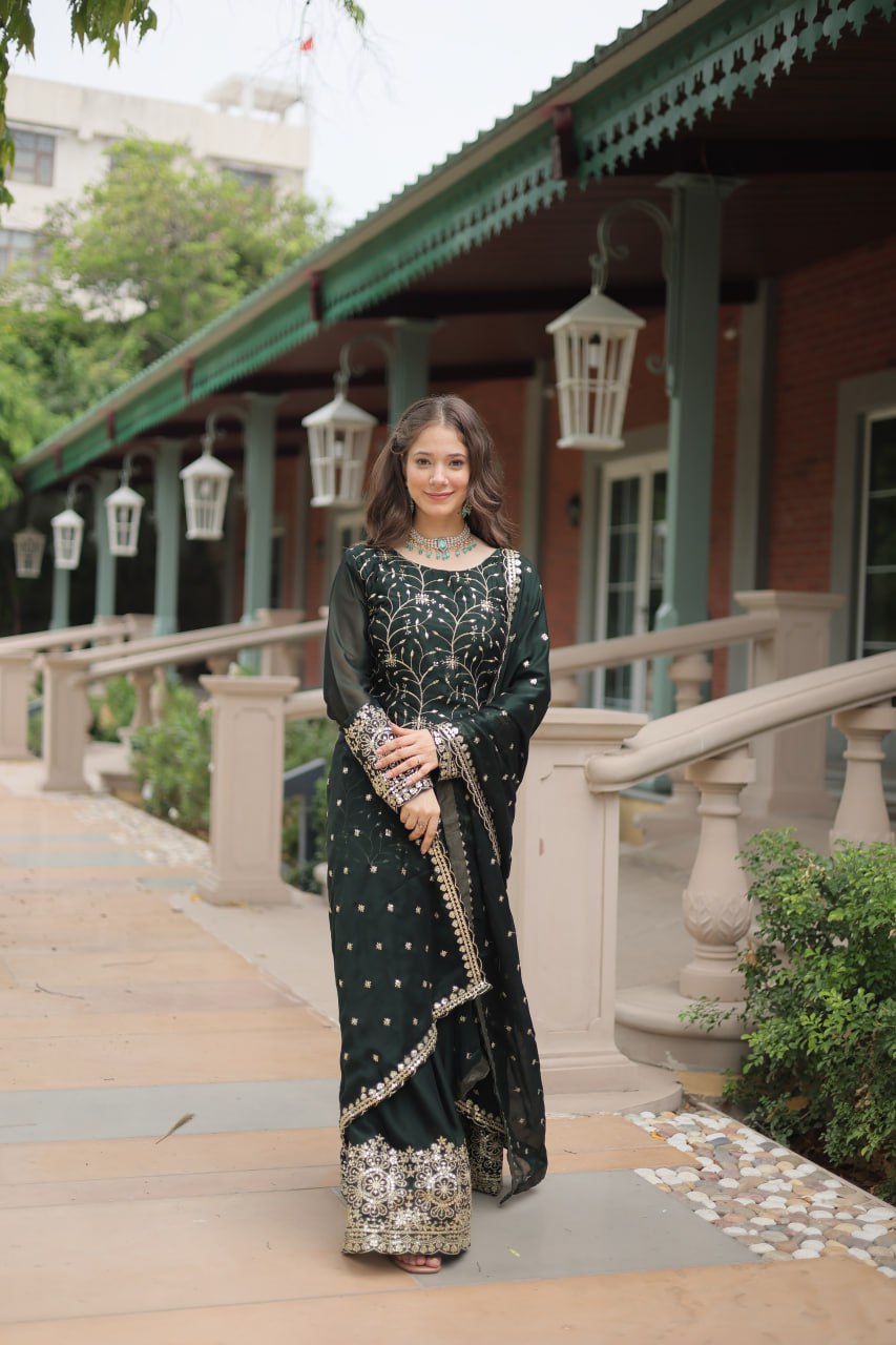 Green Premium Designer Readymade Kurti-Plazzo-Dupatta Set Clothsvilla Main image