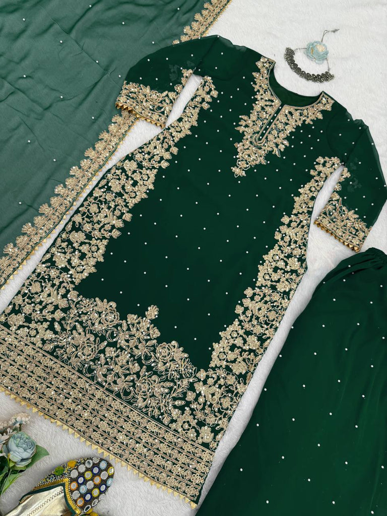Green Premium Faux Georgette Coding–Sequins Plazo Set with Dupatta ClothsVilla