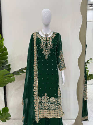 Green Premium Faux Georgette Coding–Sequins Plazo Set with Dupatta ClothsVilla