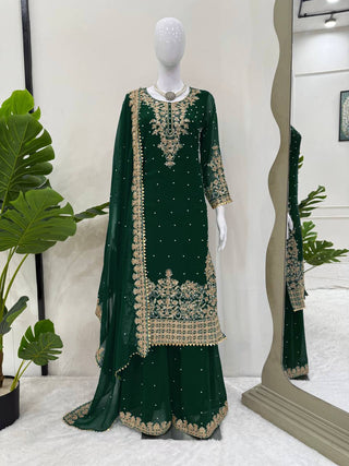 Green Premium Faux Georgette Coding–Sequins Plazo Set with Dupatta ClothsVilla