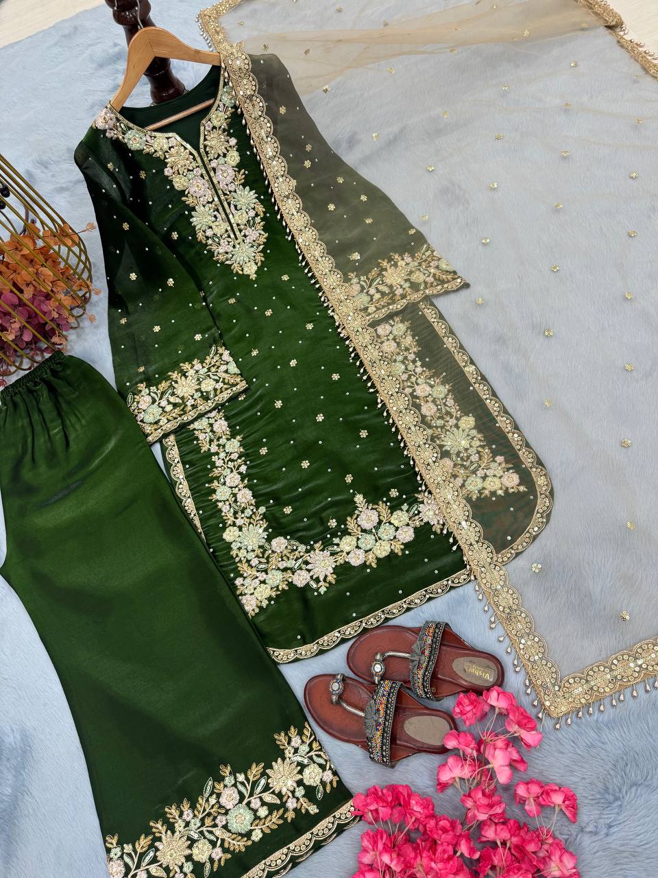 Green Premium Embroidered Palazzo Set with Dupatta Secondary image