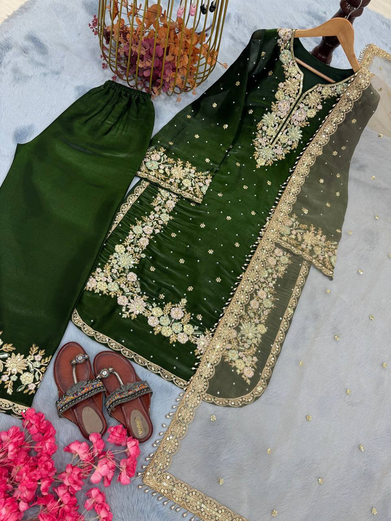 Green Premium Jimmy Choo Embroidered Palazzo Set with Dupatta ClothsVilla