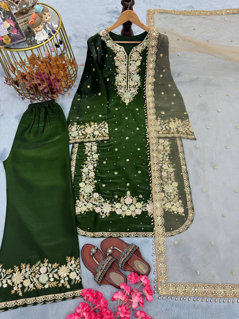 Green Premium Jimmy Choo Embroidered Palazzo Set with Dupatta ClothsVilla Main image