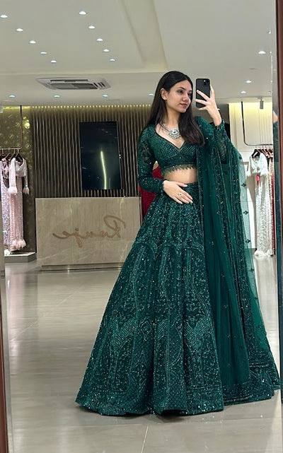 Green Premium Net Designer Lehenga ClothsVilla