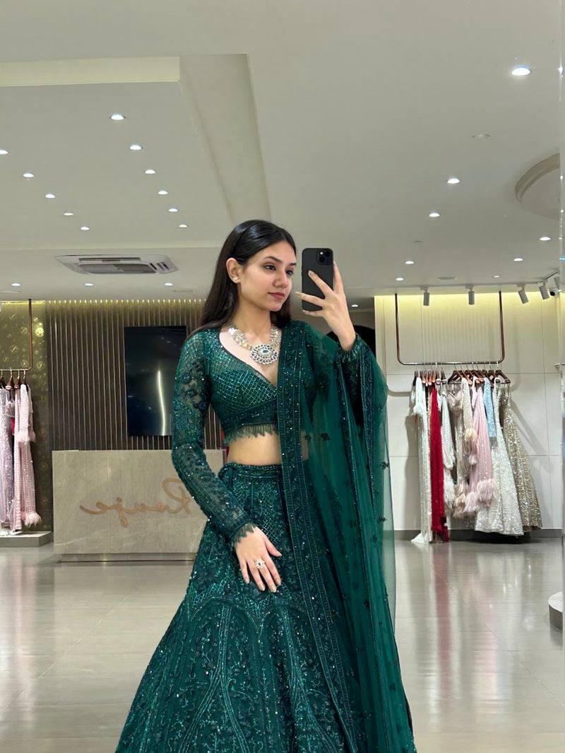 Green Premium Net Designer Lehenga ClothsVilla