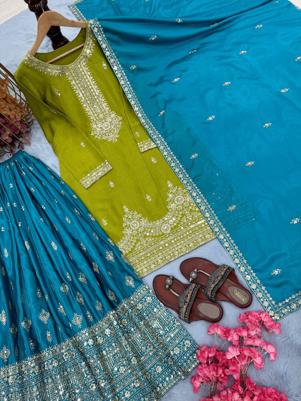 Green Premium Pur Chinon Silk Embroidered Palazzo Set with Dupatta – Fully Stitched ClothsVilla