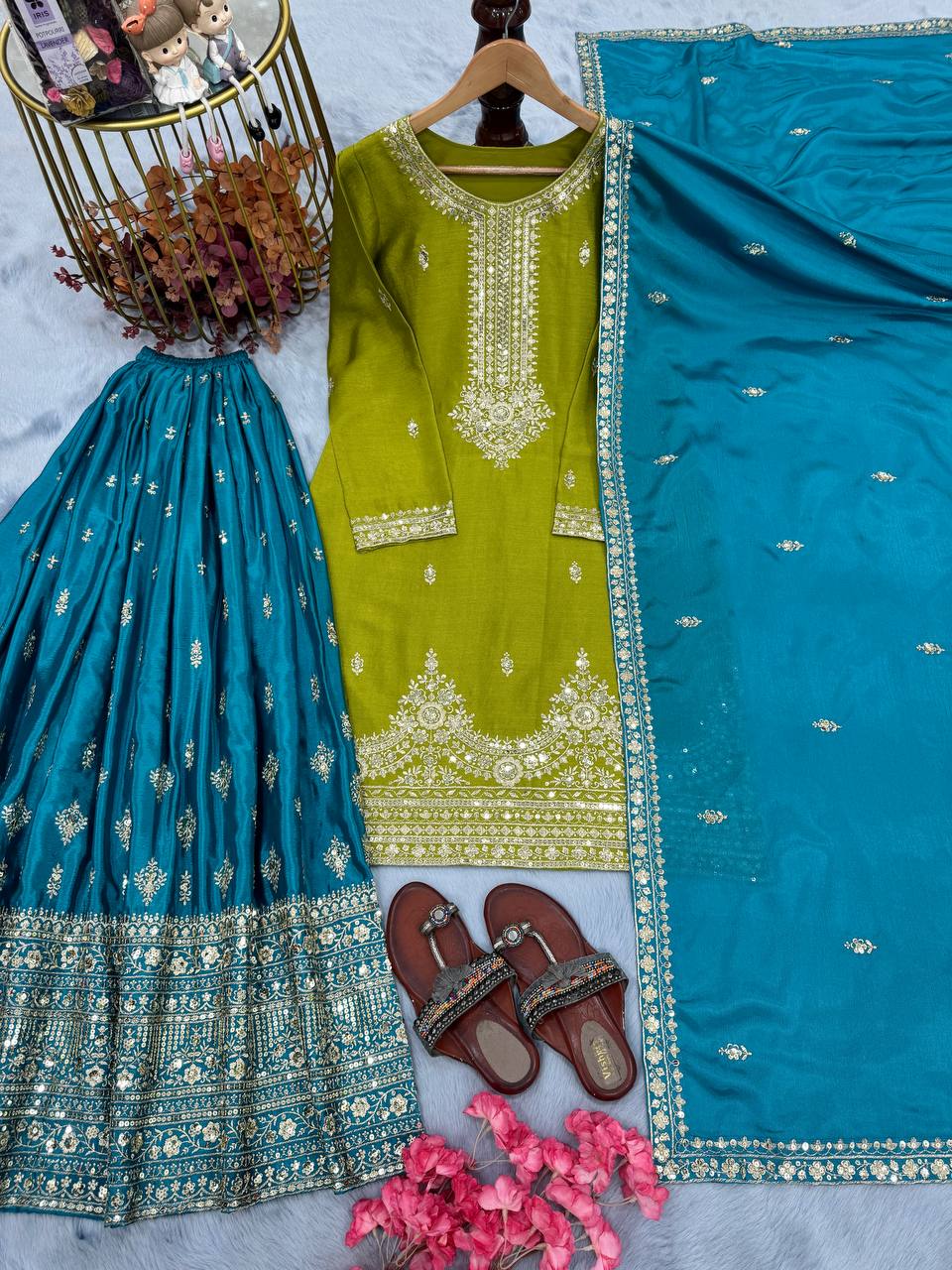 Green Premium Pur Chinon Silk Embroidered Palazzo Set with Dupatta – Fully Stitched ClothsVilla