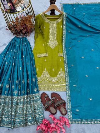 Green Premium Pur Chinon Silk Embroidered Palazzo Set with Dupatta – Fully Stitched ClothsVilla