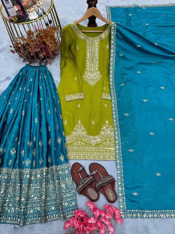 Green Premium Pur Chinon Silk Embroidered Palazzo Set with Dupatta – Fully Stitched ClothsVilla