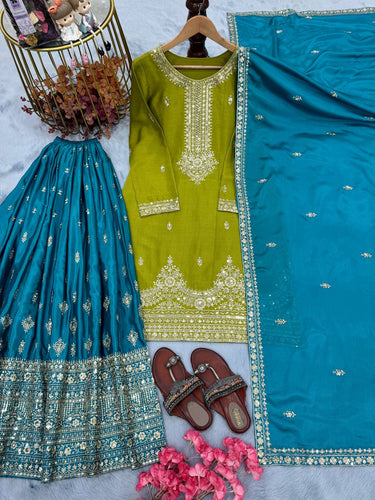 Green Premium Pur Chinon Silk Embroidered Palazzo Set with Dupatta – Fully Stitched ClothsVilla