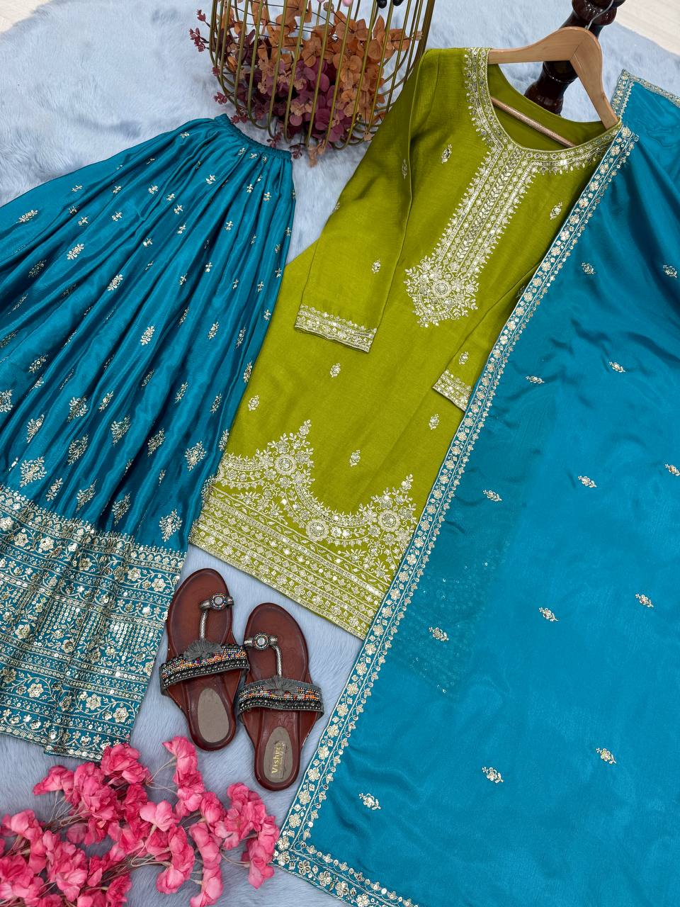 Green Premium Pur Chinon Silk Embroidered Palazzo Set with Dupatta – Fully Stitched Secondary image