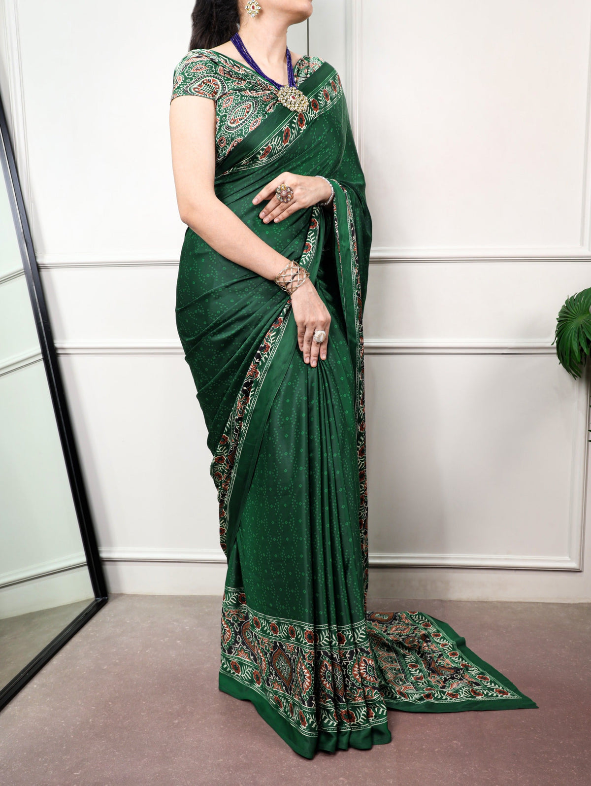 Green Print Satin Silk Saree ClothsVilla