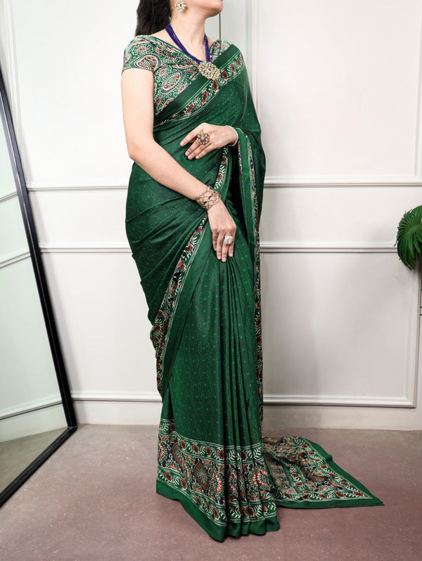 Green Print Satin Silk Saree ClothsVilla
