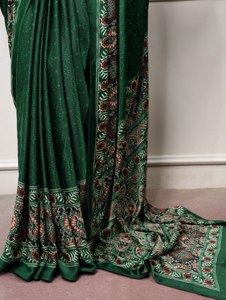 Green Print Satin Silk Saree ClothsVilla