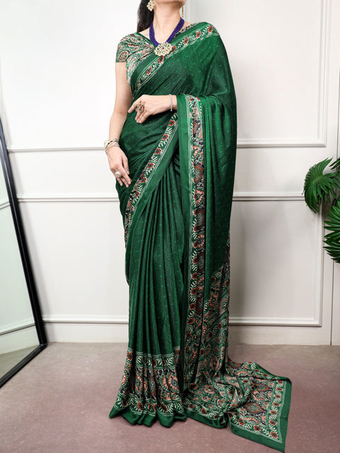 Green Print Satin Silk Saree ClothsVilla Main image