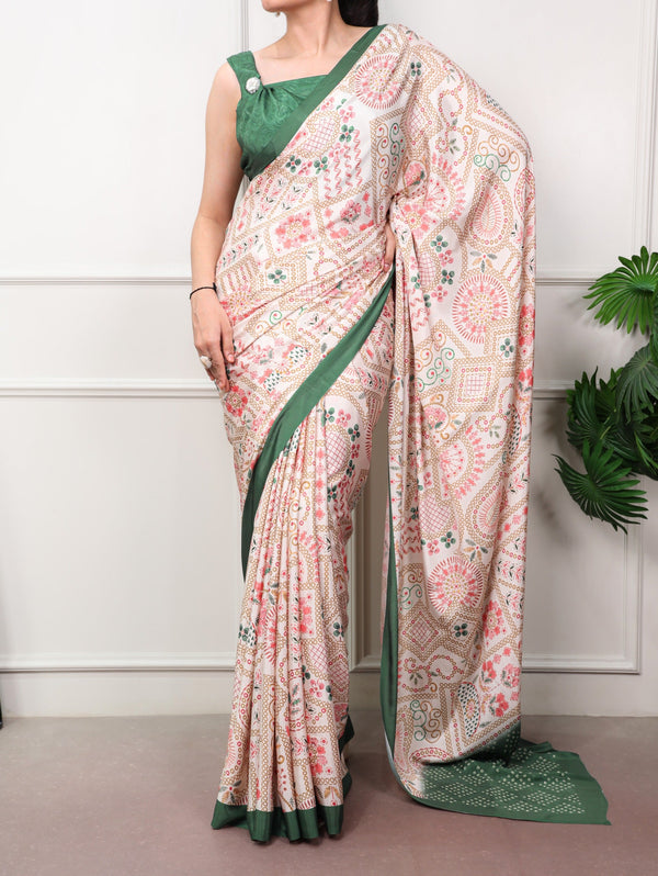 Green Printed Satin Crepe Saree ClothsVilla