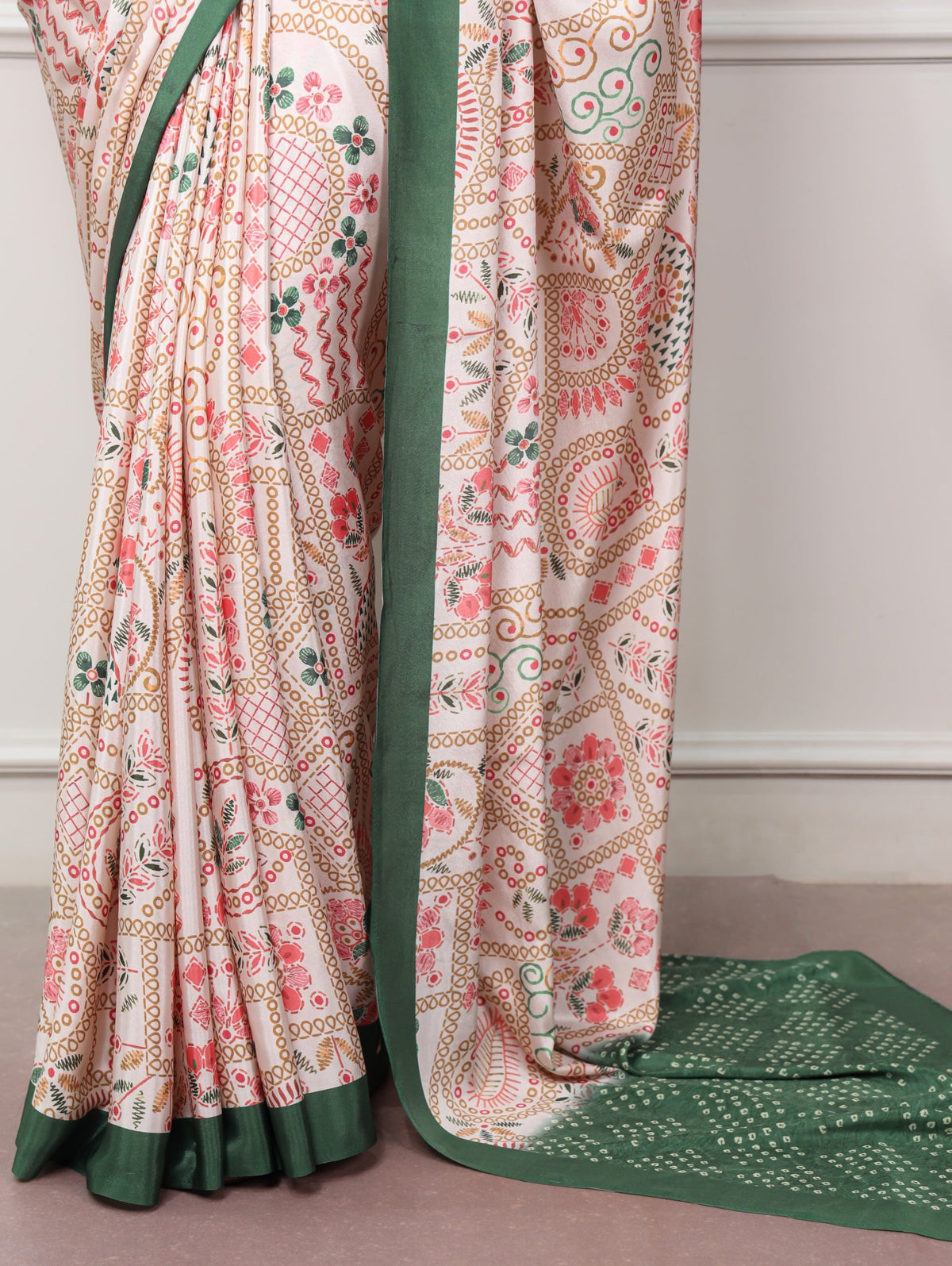Green Printed Satin Crepe Saree ClothsVilla
