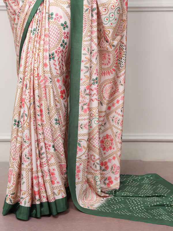 Green Printed Satin Crepe Saree ClothsVilla