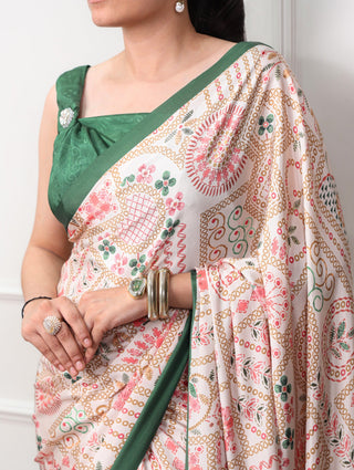Green Printed Satin Crepe Saree ClothsVilla