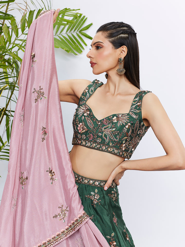 Green Pure Chiffon Sequins and thread embroidery Semi-Stitched Lehenga choli & Dupatta ClothsVilla