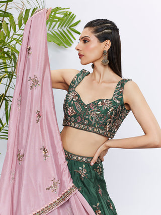 Green Pure Chiffon Sequins and thread embroidery Semi-Stitched Lehenga choli & Dupatta ClothsVilla