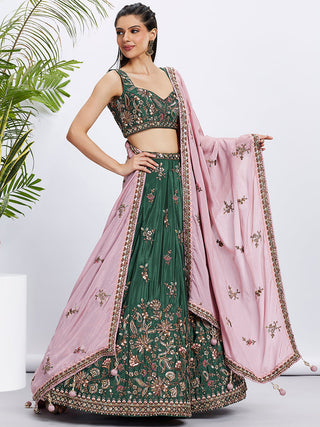 Green Pure Chiffon Sequins and thread embroidery Semi-Stitched Lehenga choli & Dupatta ClothsVilla