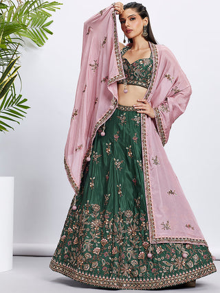 Green Pure Chiffon Sequins and thread embroidery Semi-Stitched Lehenga choli & Dupatta ClothsVilla