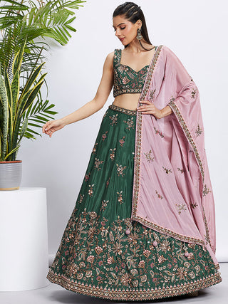 Green Pure Chiffon Sequins and thread embroidery Semi-Stitched Lehenga choli & Dupatta ClothsVilla