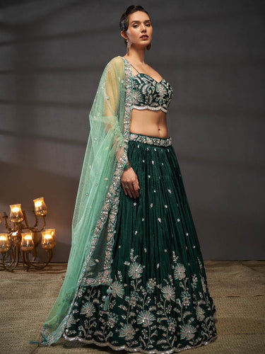 Green Pure Chiffon Sequins embroidery Semi-Stitched Lehenga choli & Dupatta ClothsVilla