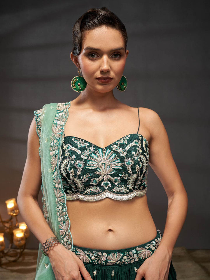 Green Pure Chiffon Sequins embroidery Semi-Stitched Lehenga choli & Dupatta ClothsVilla