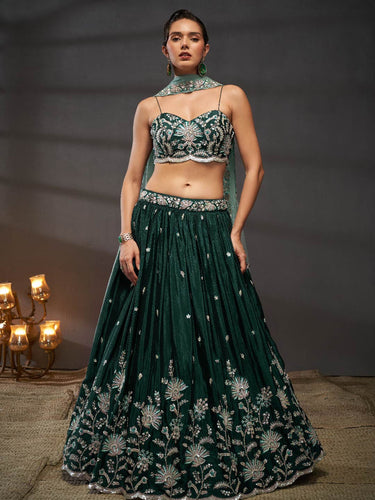 Green Pure Chiffon Sequins embroidery Semi-Stitched Lehenga choli & Dupatta ClothsVilla